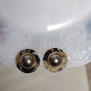 Vintage Black and Gold Clip On Earrings